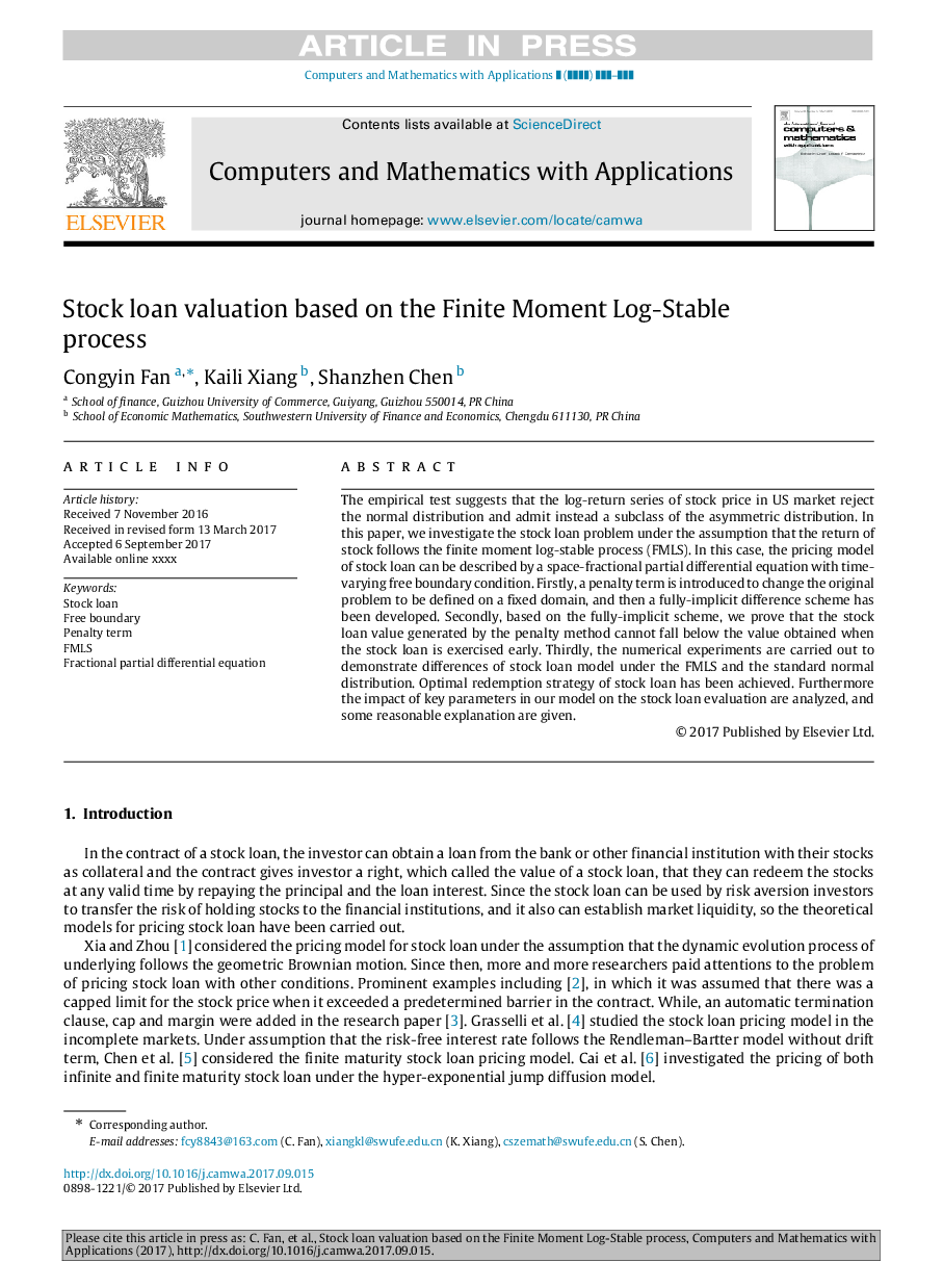 Stock loan valuation based on the Finite Moment Log-Stable process