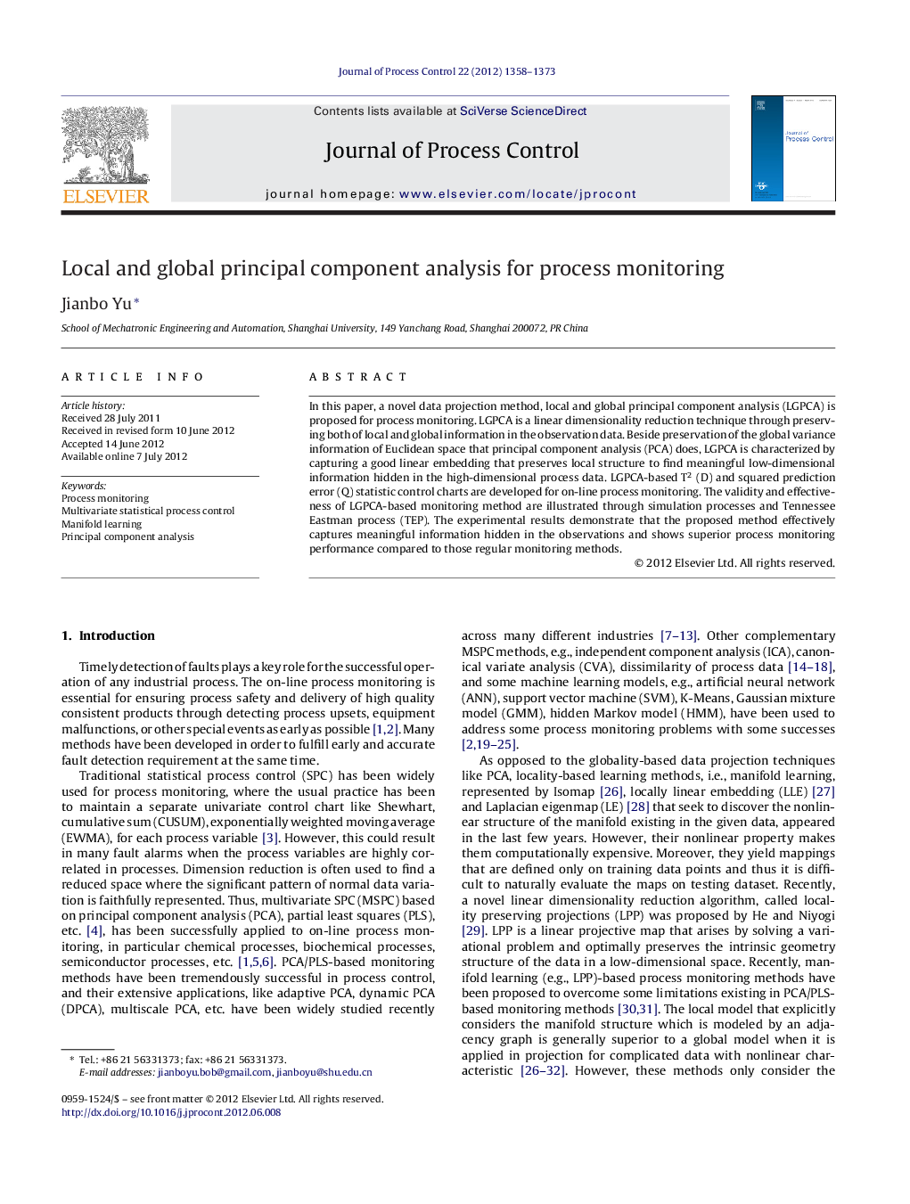 Local and global principal component analysis for process monitoring