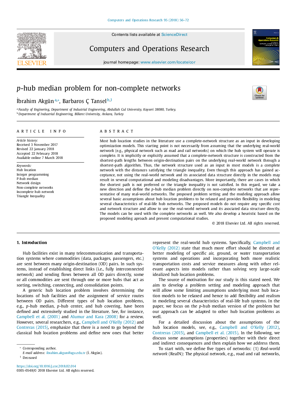 p-hub median problem for non-complete networks