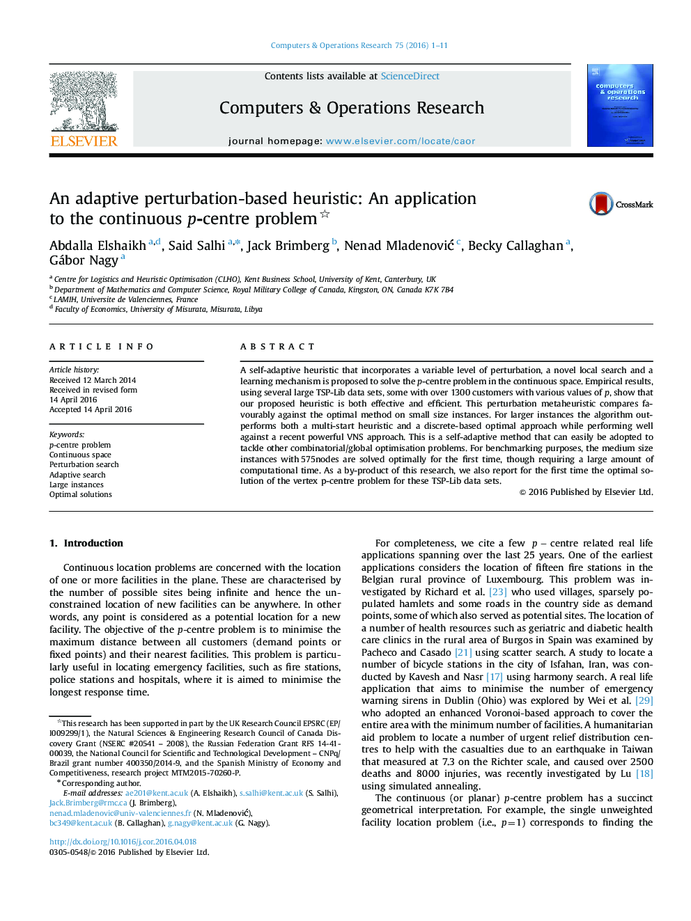 An adaptive perturbation-based heuristic: An application to the continuous p-centre problem