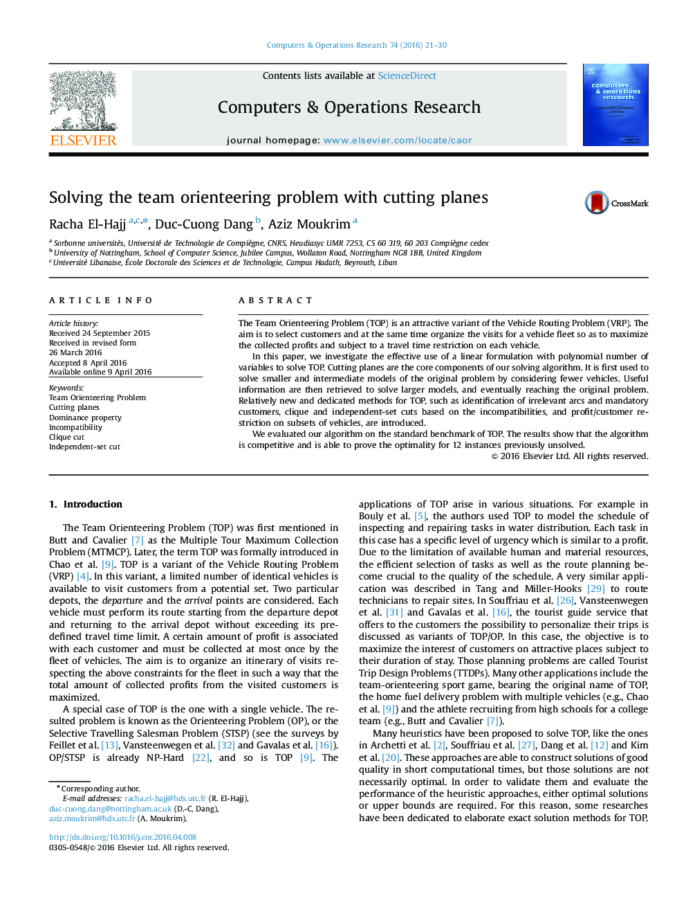 Solving the team orienteering problem with cutting planes