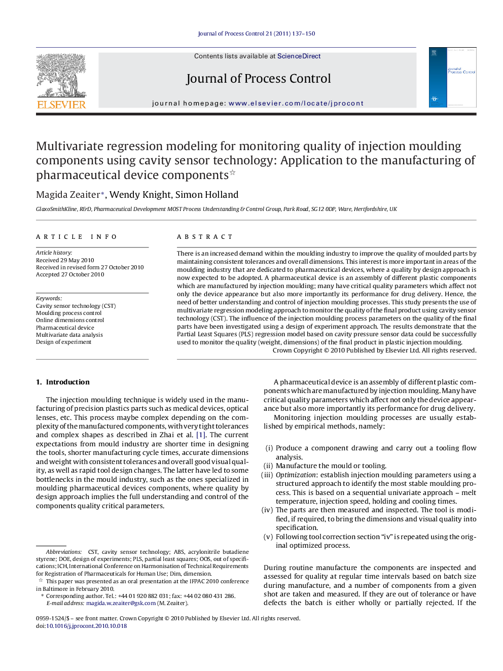 Multivariate regression modeling for monitoring quality of injection moulding components using cavity sensor technology: Application to the manufacturing of pharmaceutical device components 