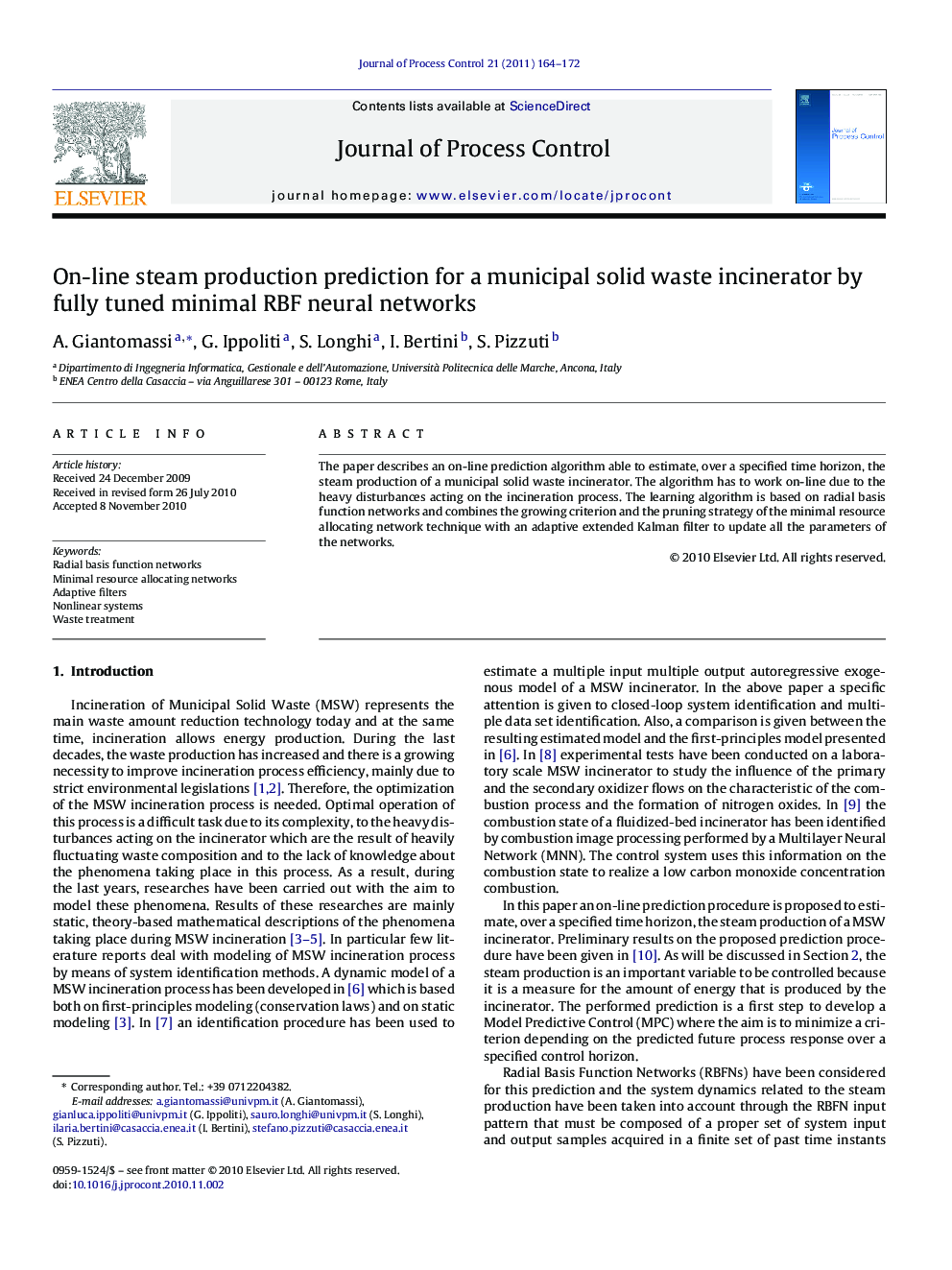 On-line steam production prediction for a municipal solid waste incinerator by fully tuned minimal RBF neural networks