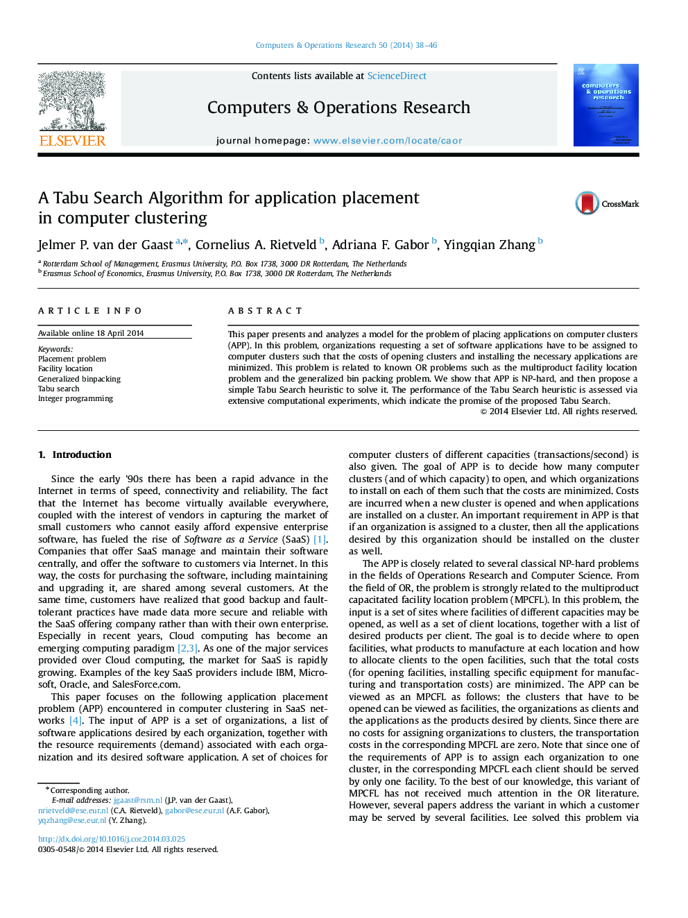 A Tabu Search Algorithm for application placement in computer clustering