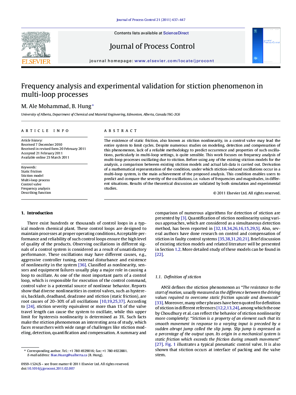 Frequency analysis and experimental validation for stiction phenomenon in multi-loop processes