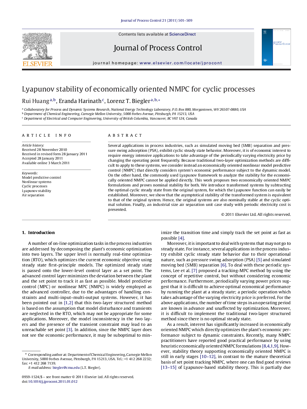 Lyapunov stability of economically oriented NMPC for cyclic processes