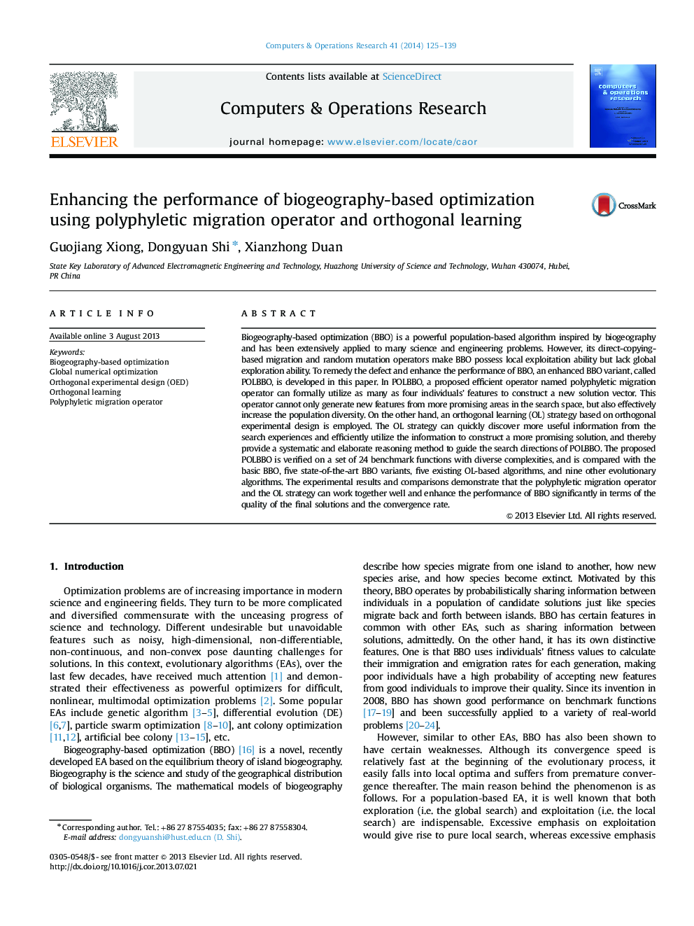 Enhancing the performance of biogeography-based optimization using polyphyletic migration operator and orthogonal learning