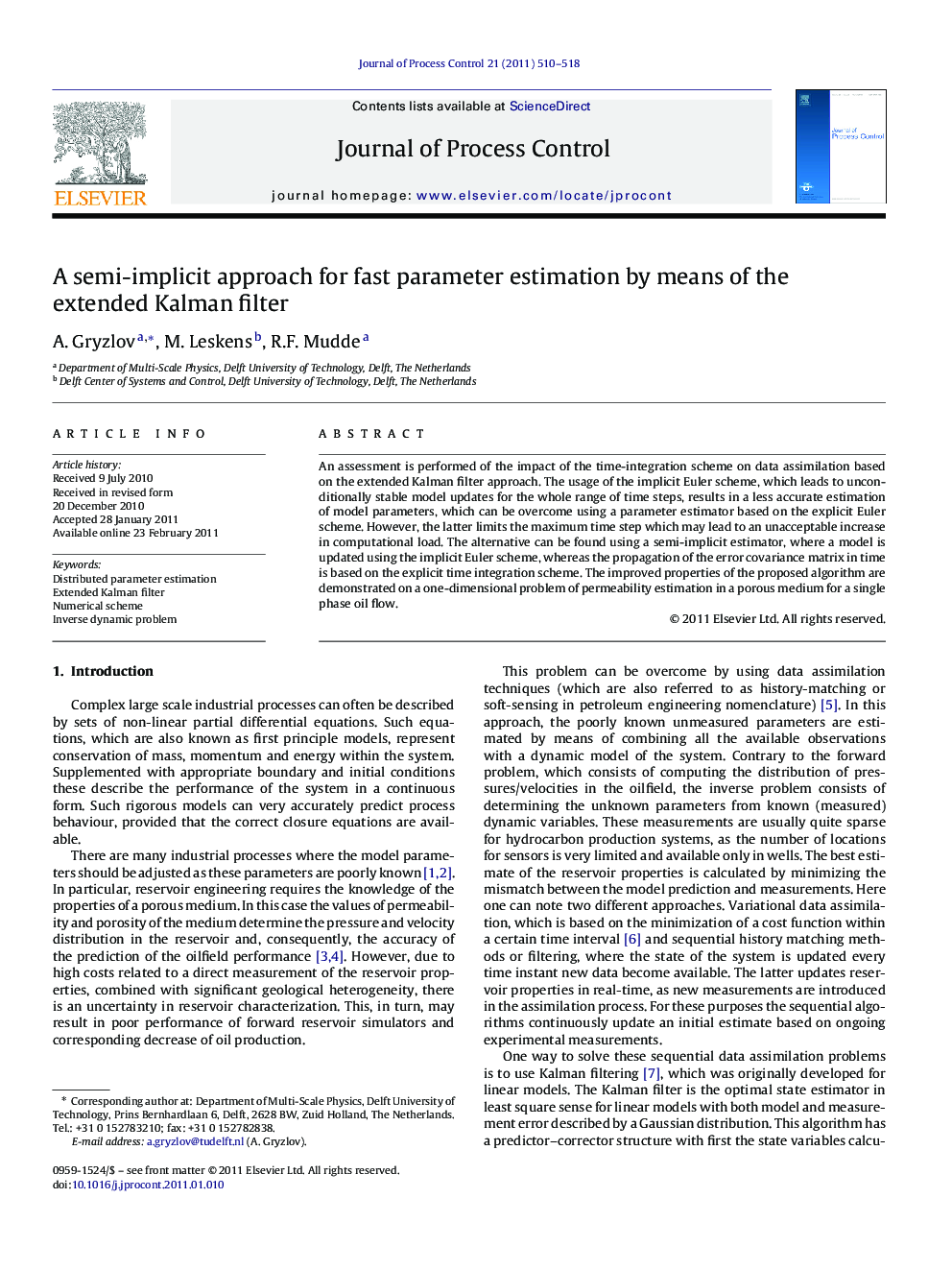 A semi-implicit approach for fast parameter estimation by means of the extended Kalman filter