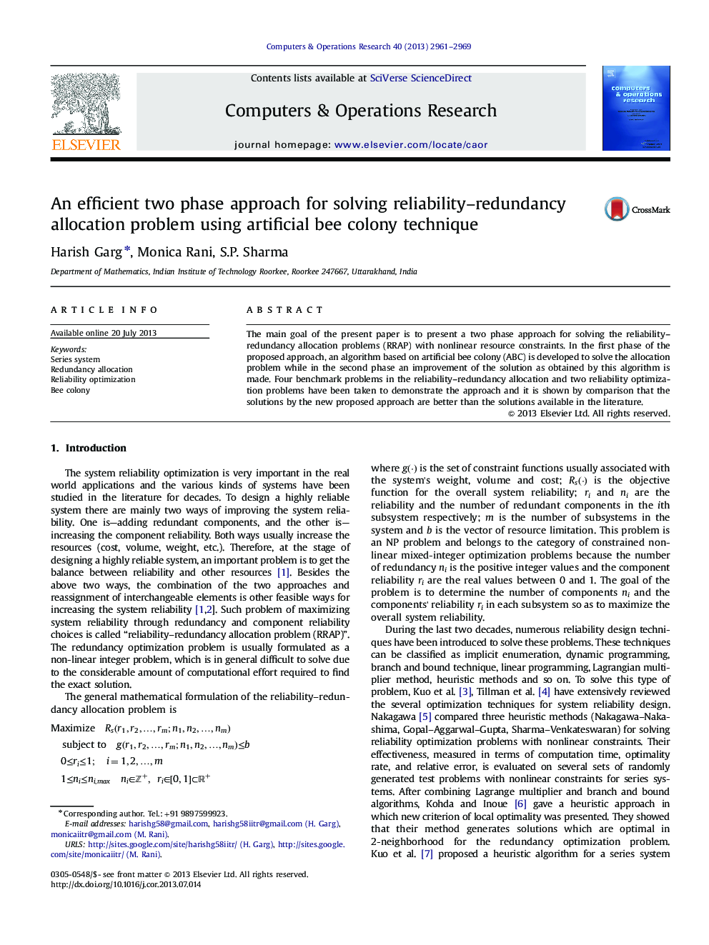 An efficient two phase approach for solving reliability-redundancy allocation problem using artificial bee colony technique