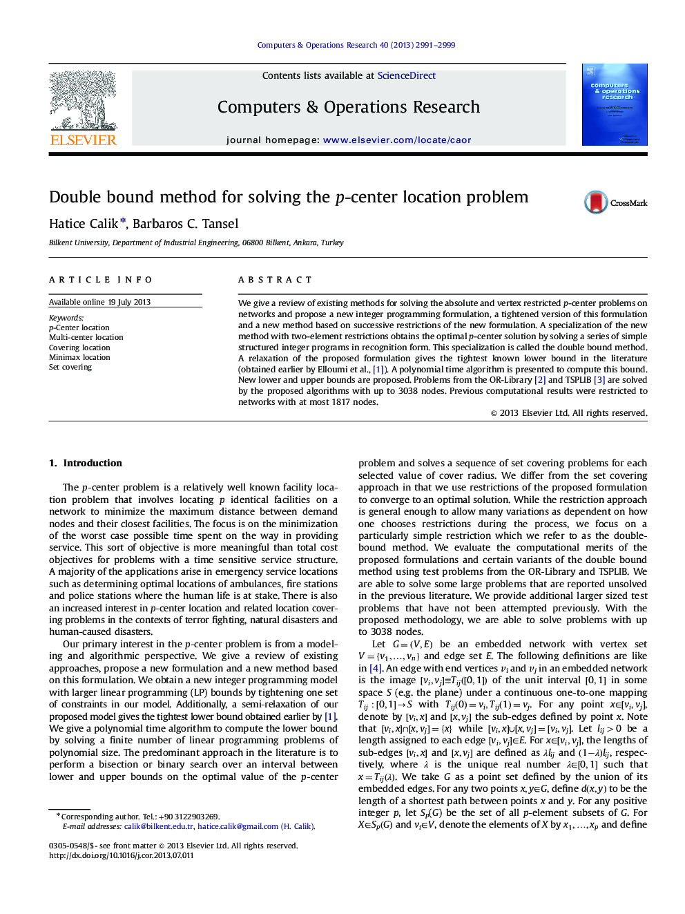 Double bound method for solving the p-center location problem