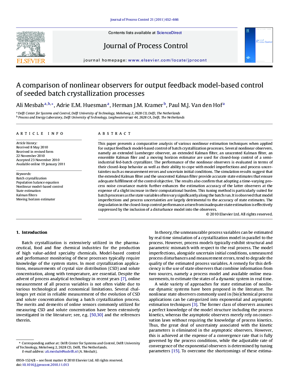 A comparison of nonlinear observers for output feedback model-based control of seeded batch crystallization processes