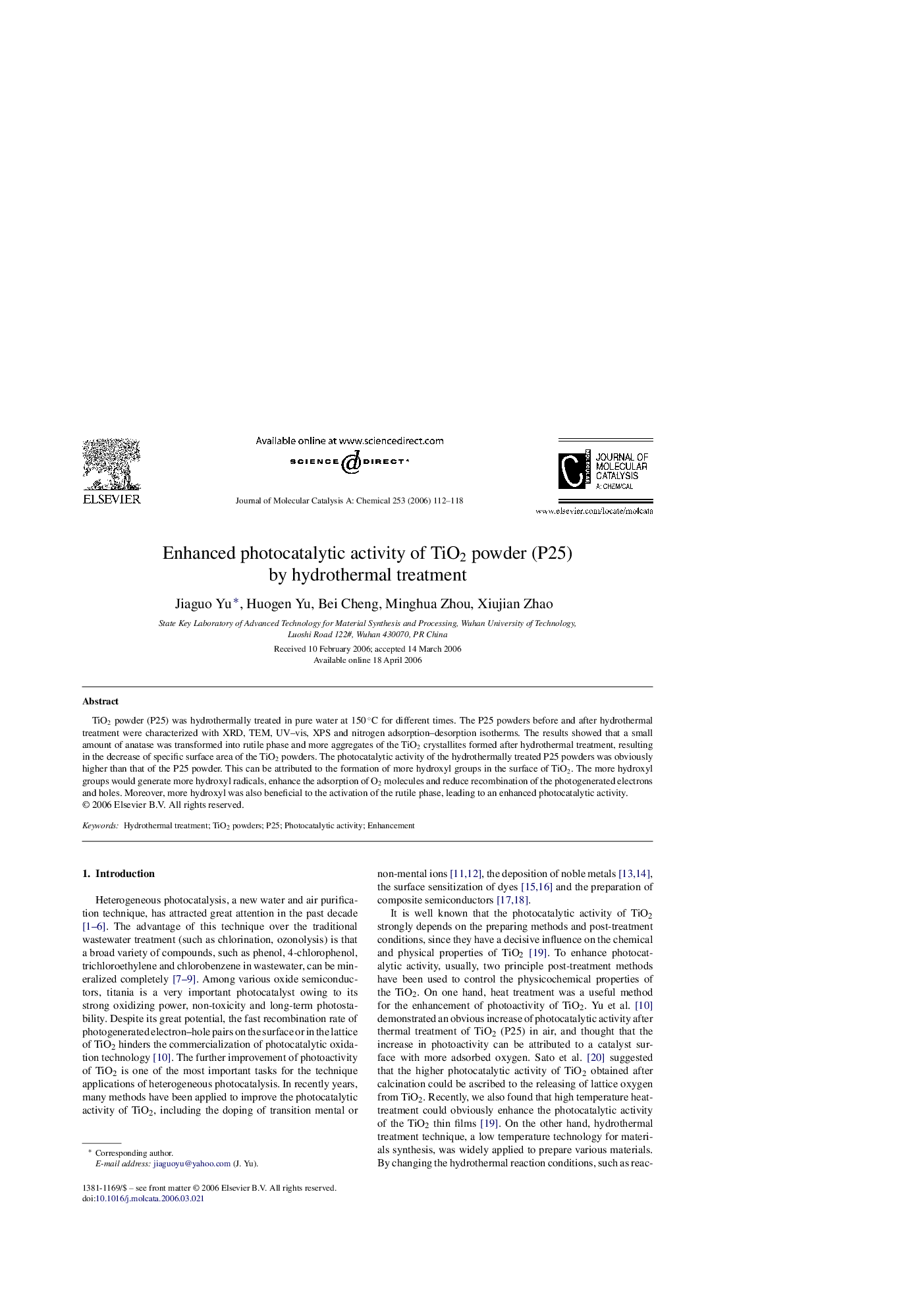 Enhanced photocatalytic activity of TiO2 powder (P25) by hydrothermal treatment