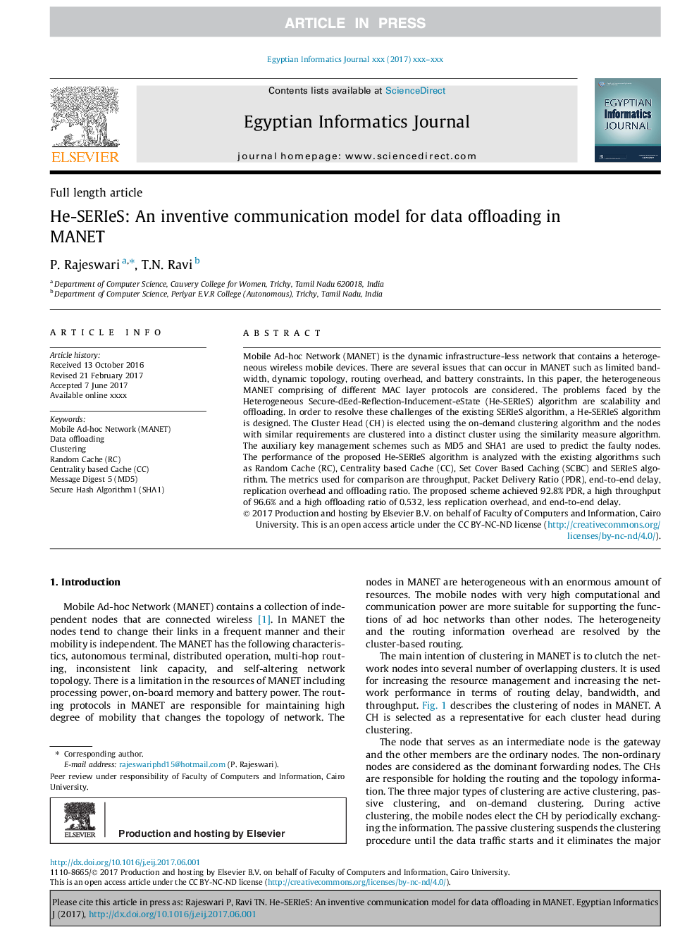 He-SERIeS: An inventive communication model for data offloading in MANET