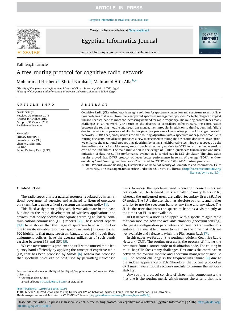 A tree routing protocol for cognitive radio network