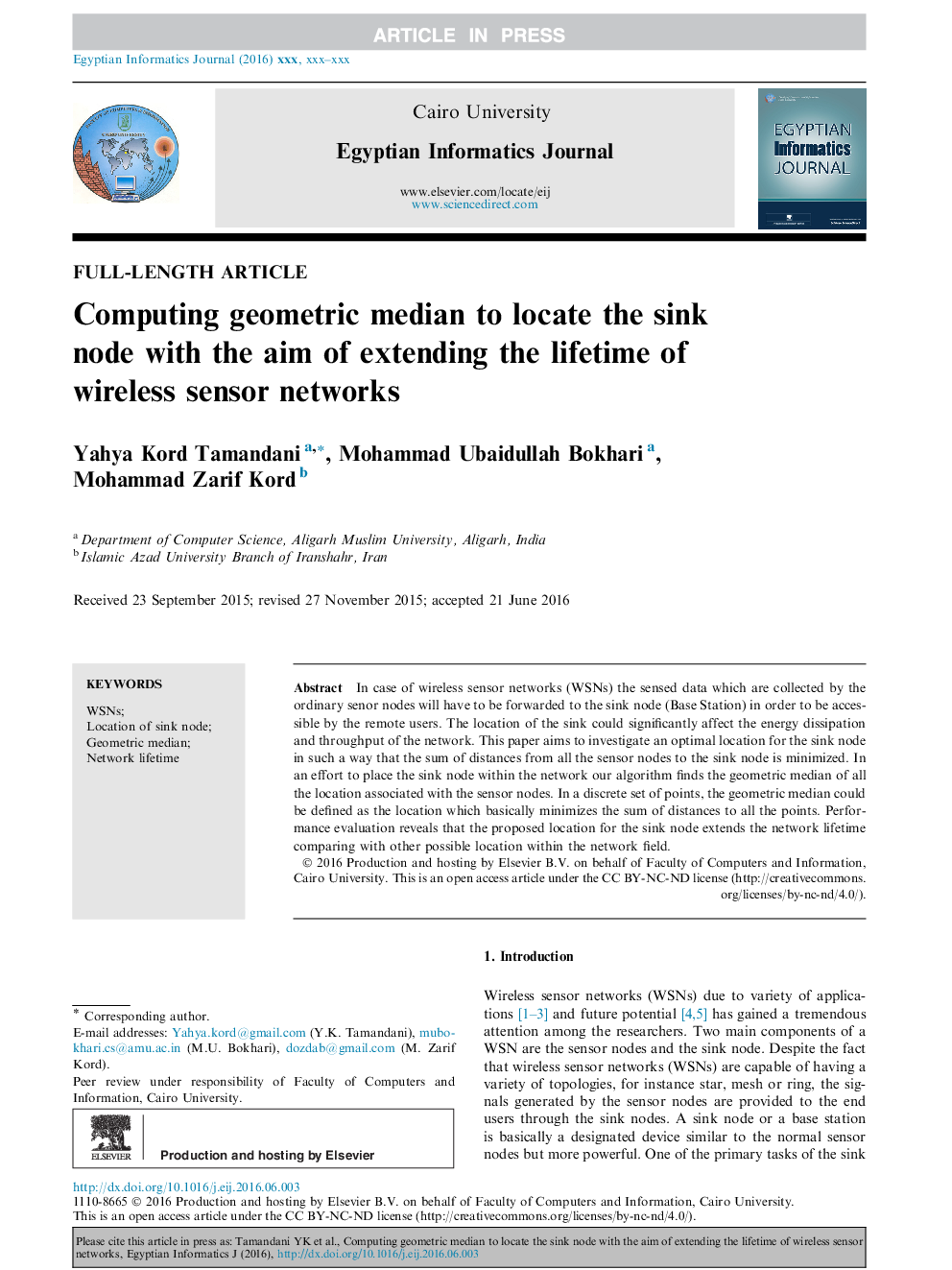 Computing geometric median to locate the sink node with the aim of extending the lifetime of wireless sensor networks