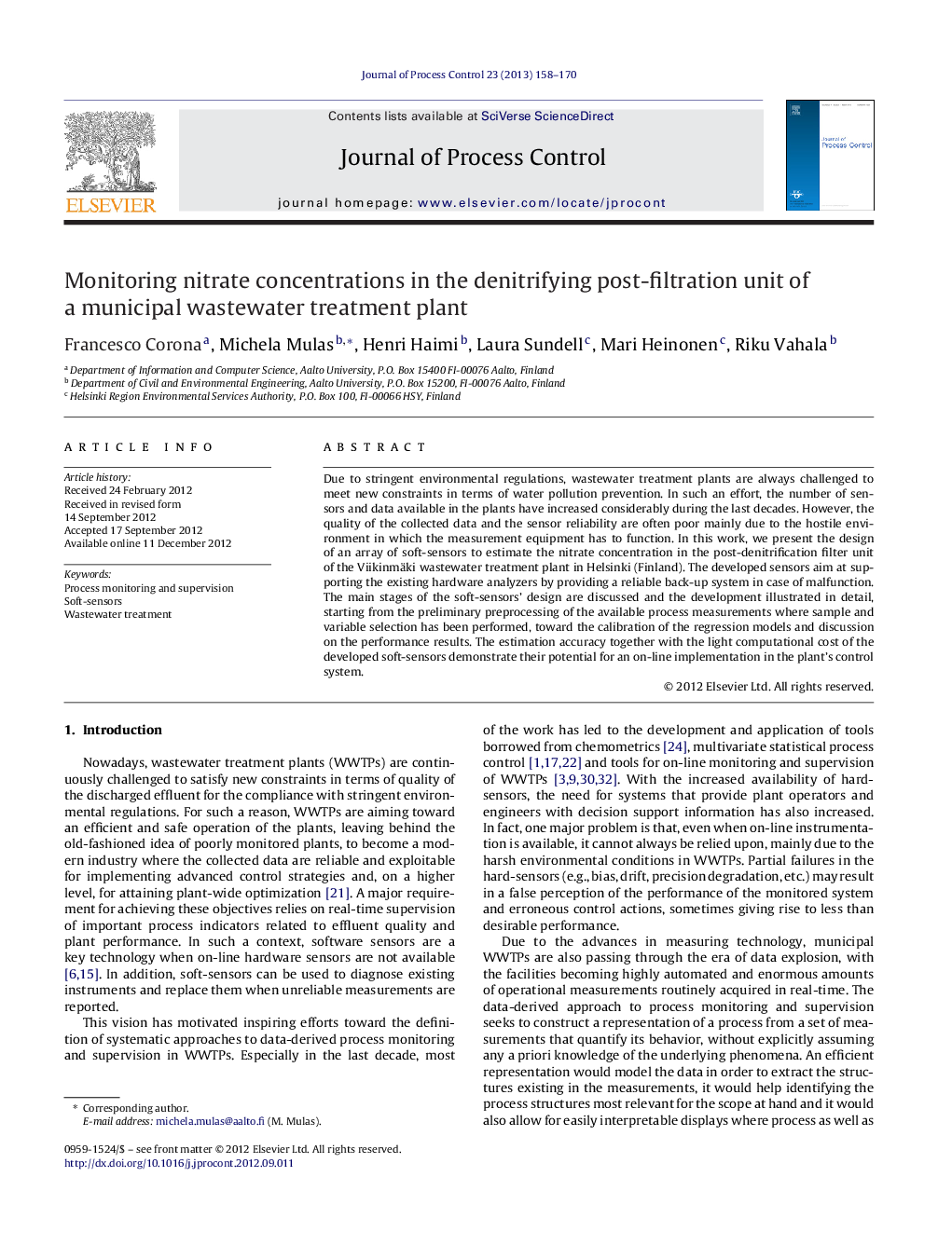 Monitoring nitrate concentrations in the denitrifying post-filtration unit of a municipal wastewater treatment plant