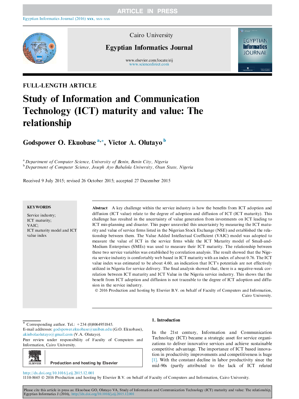 Study of Information and Communication Technology (ICT) maturity and value: The relationship