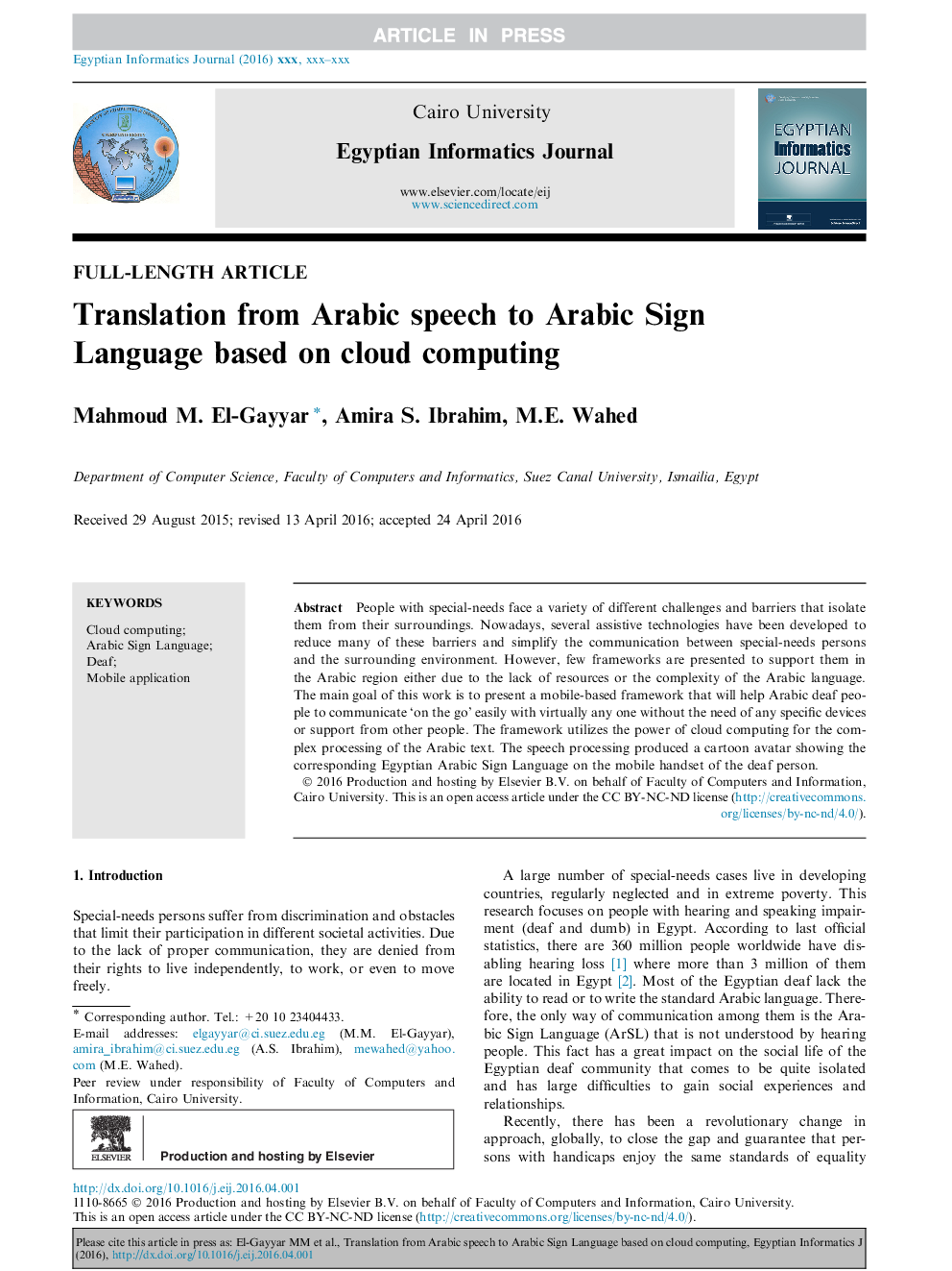 Translation from Arabic speech to Arabic Sign Language based on cloud computing