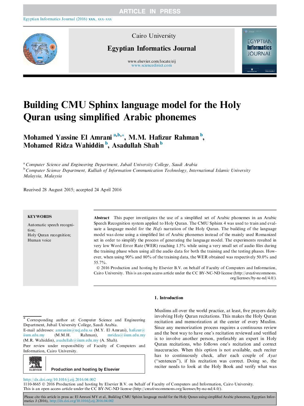 Building CMU Sphinx language model for the Holy Quran using simplified Arabic phonemes