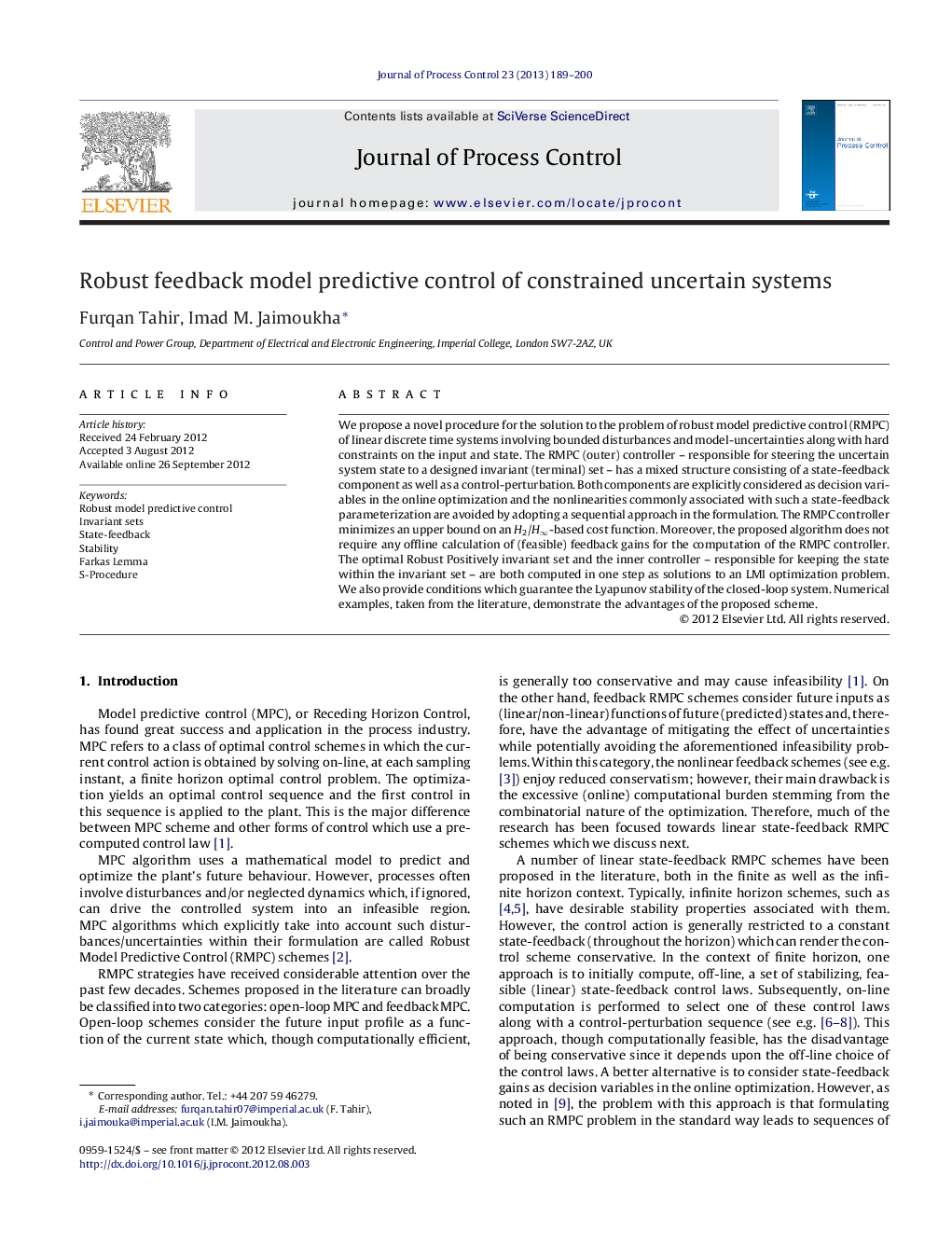 Robust feedback model predictive control of constrained uncertain systems