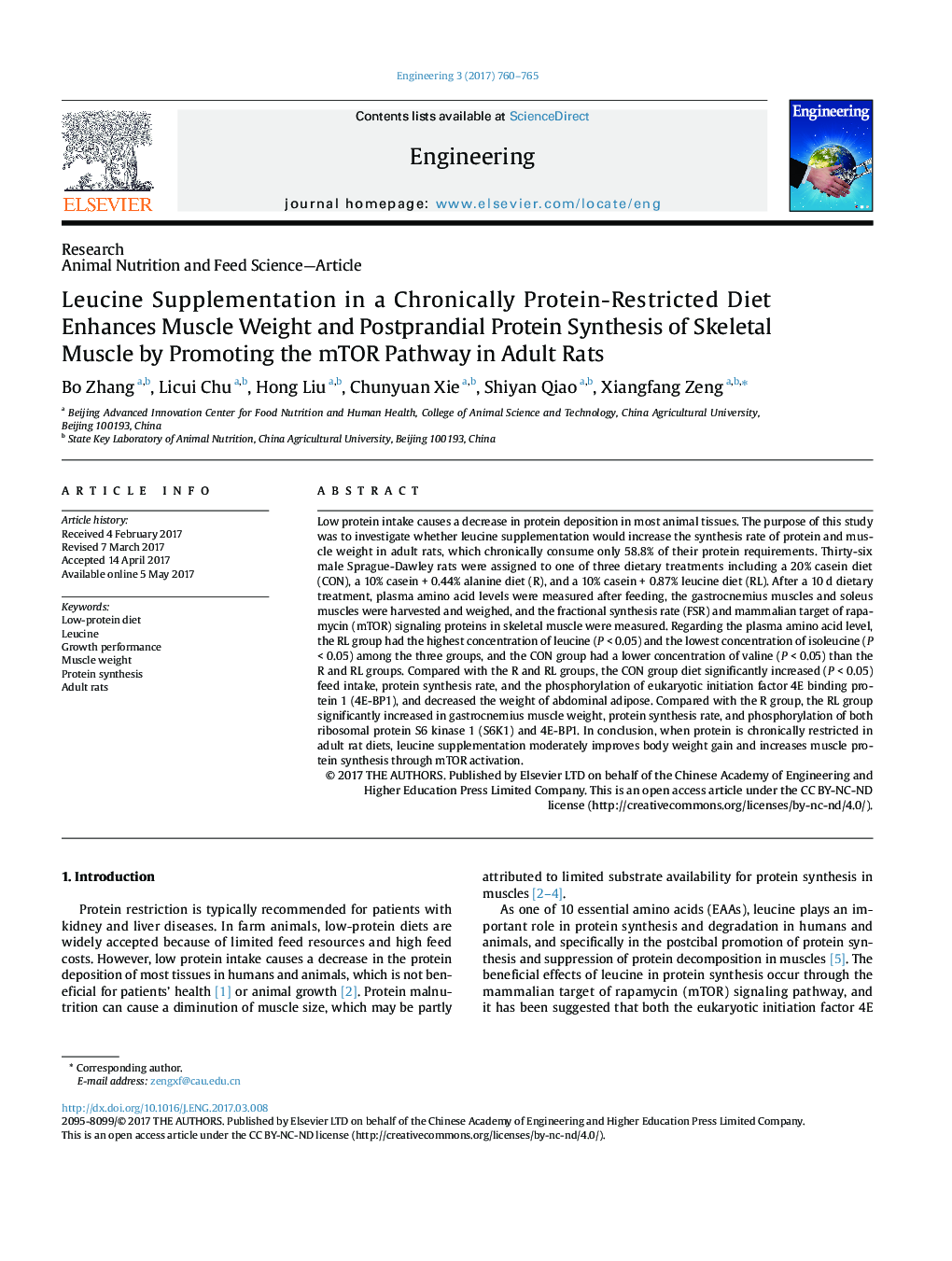 Leucine Supplementation in a Chronically Protein-Restricted Diet Enhances Muscle Weight and Postprandial Protein Synthesis of Skeletal Muscle by Promoting the mTOR Pathway in Adult Rats