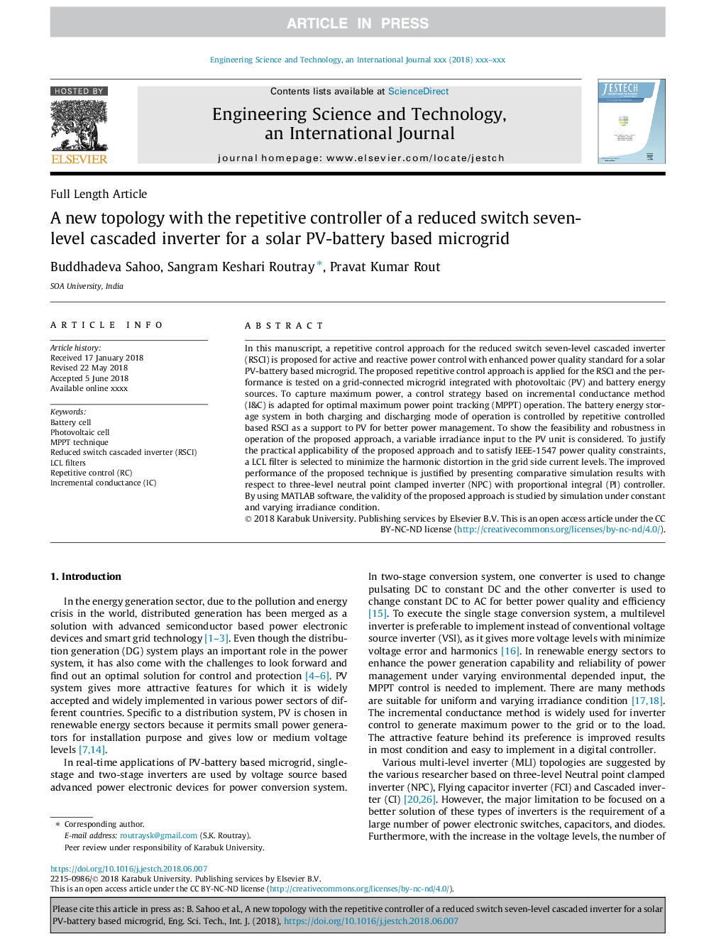 عکس صفحه اول مقاله: A new topology with the repetitive controller of a reduced switch seven-level cascaded inverter for a solar PV-battery based microgrid A new topology with the repetitive controller of a reduced switch seven-level cascaded inverter for a solar PV-battery based microgrid