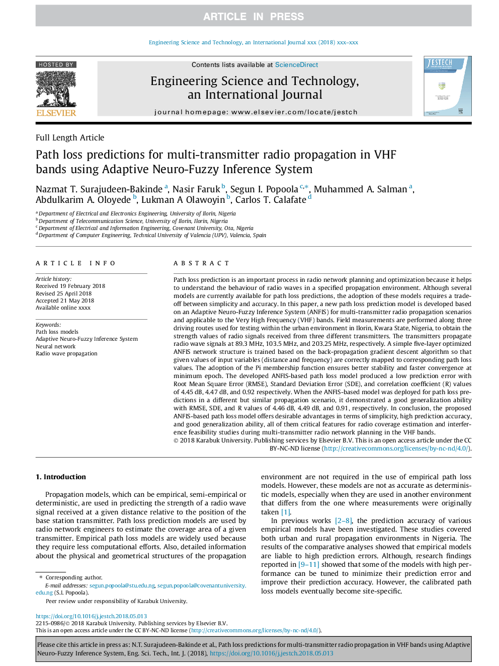 Path loss predictions for multi-transmitter radio propagation in VHF bands using Adaptive Neuro-Fuzzy Inference System