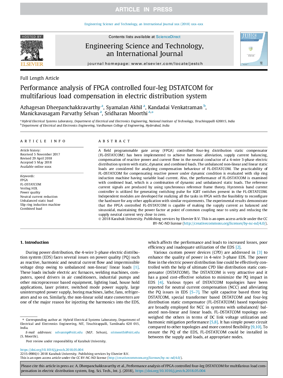 Performance analysis of FPGA controlled four-leg DSTATCOM for multifarious load compensation in electric distribution system