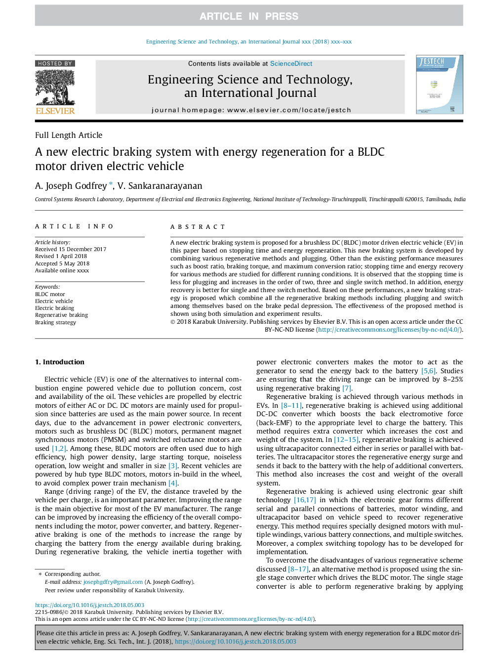 A new electric braking system with energy regeneration for a BLDC motor driven electric vehicle