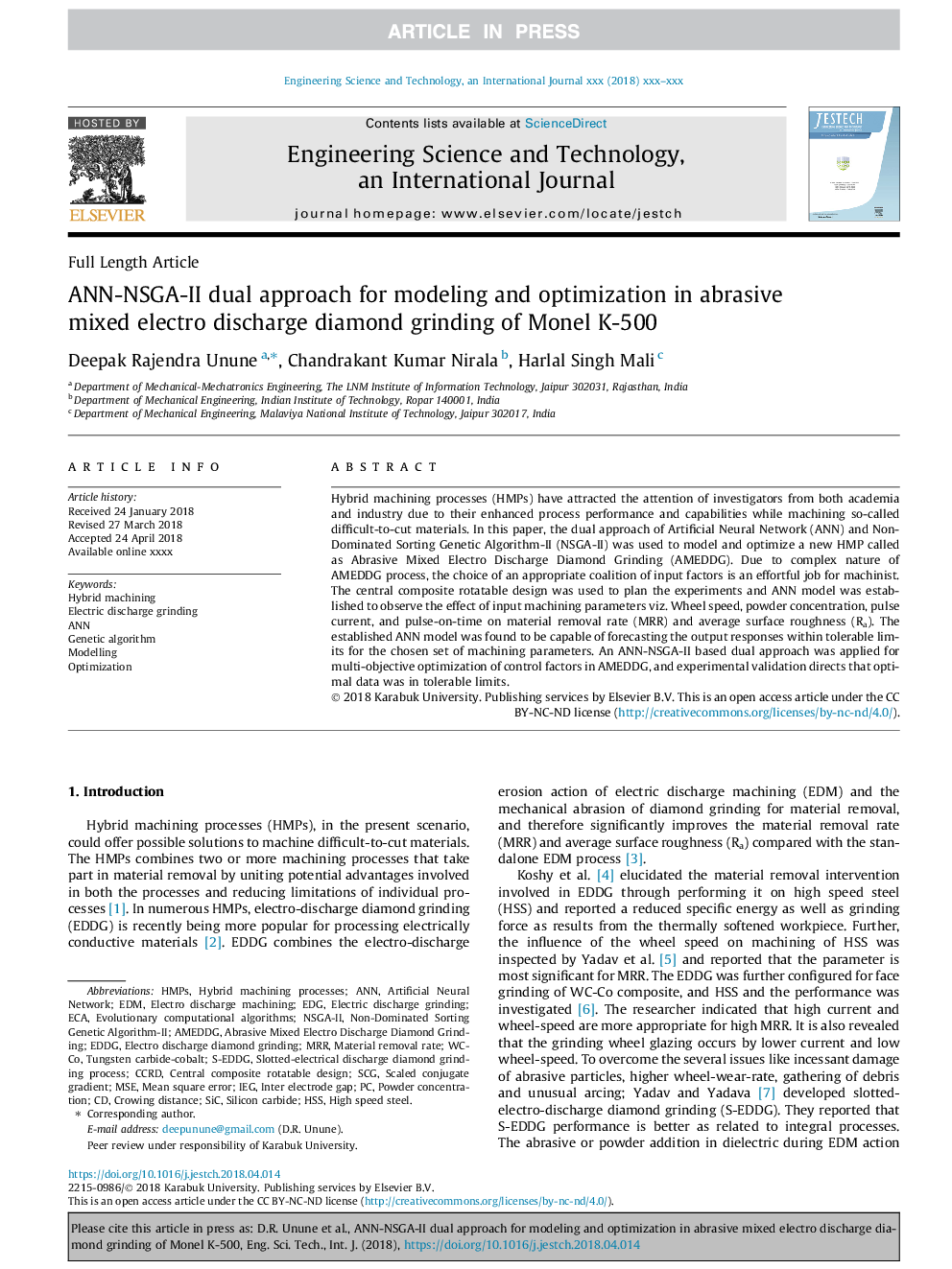 ANN-NSGA-II dual approach for modeling and optimization in abrasive mixed electro discharge diamond grinding of Monel K-500