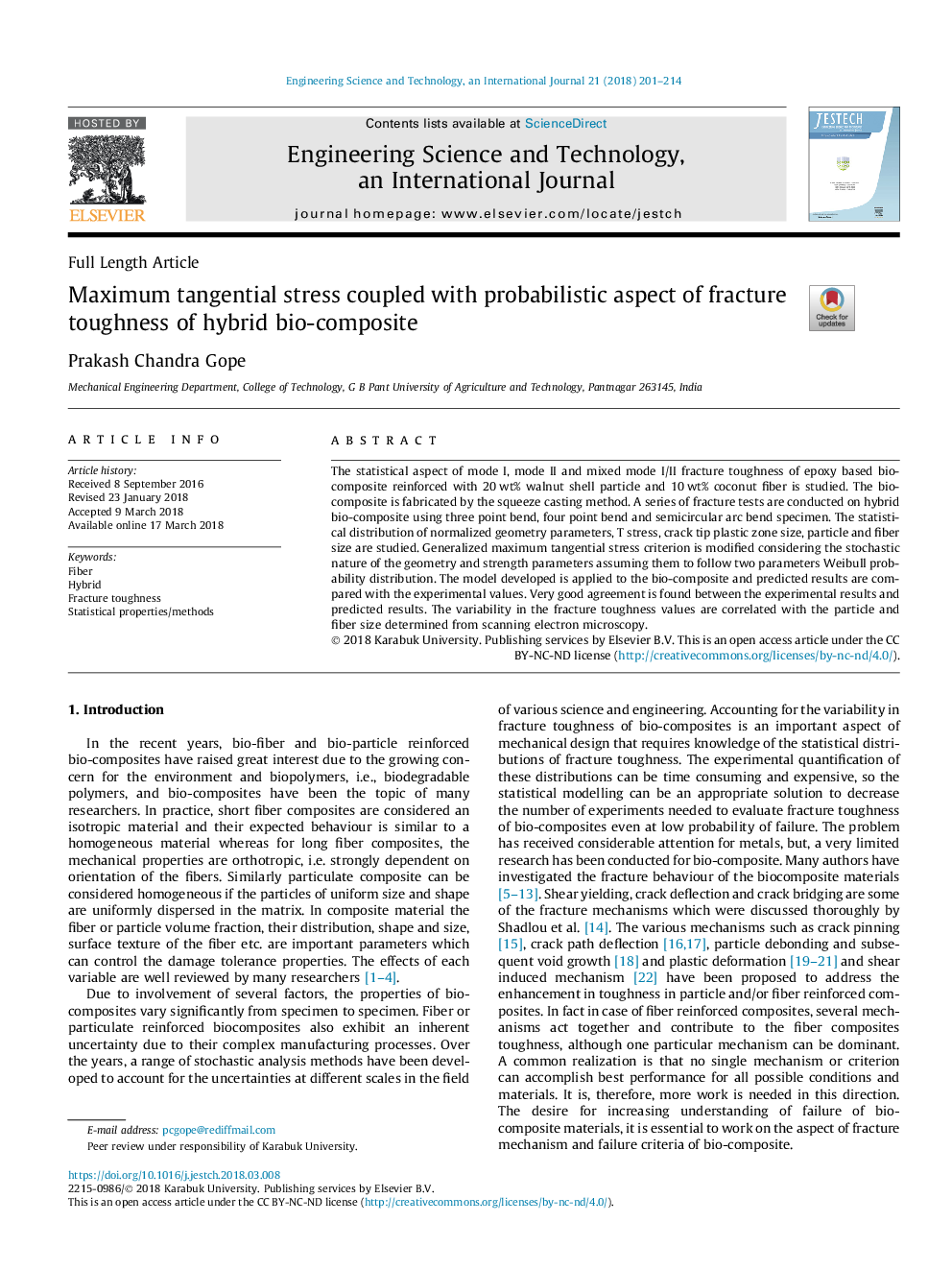 Maximum tangential stress coupled with probabilistic aspect of fracture toughness of hybrid bio-composite