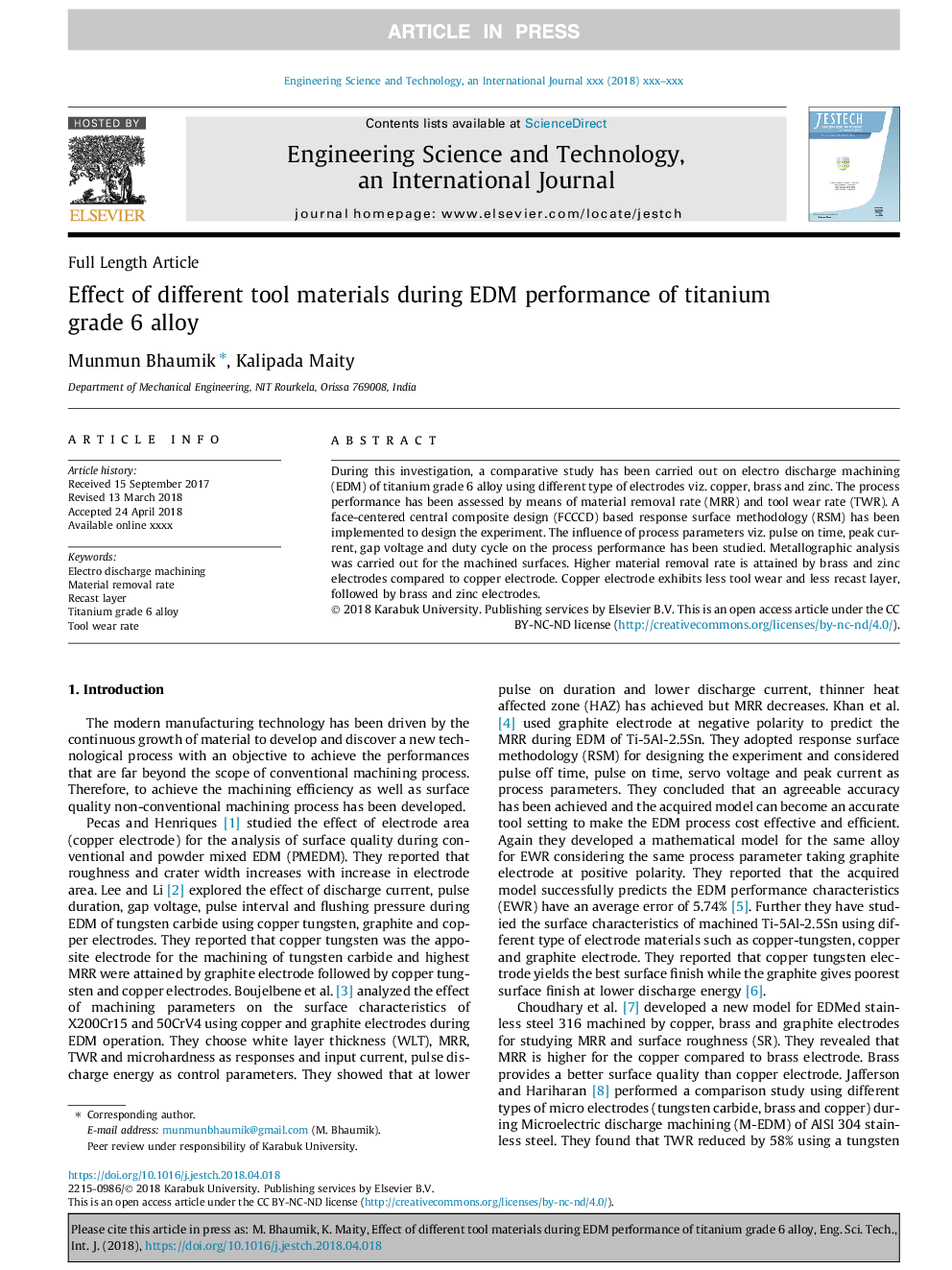 Effect of different tool materials during EDM performance of titanium grade 6 alloy