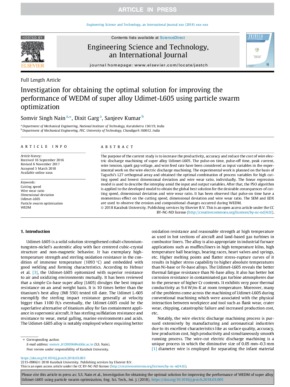 Investigation for obtaining the optimal solution for improving the performance of WEDM of super alloy Udimet-L605 using particle swarm optimization