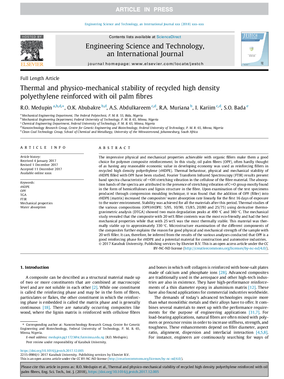 Thermal and physico-mechanical stability of recycled high density polyethylene reinforced with oil palm fibres