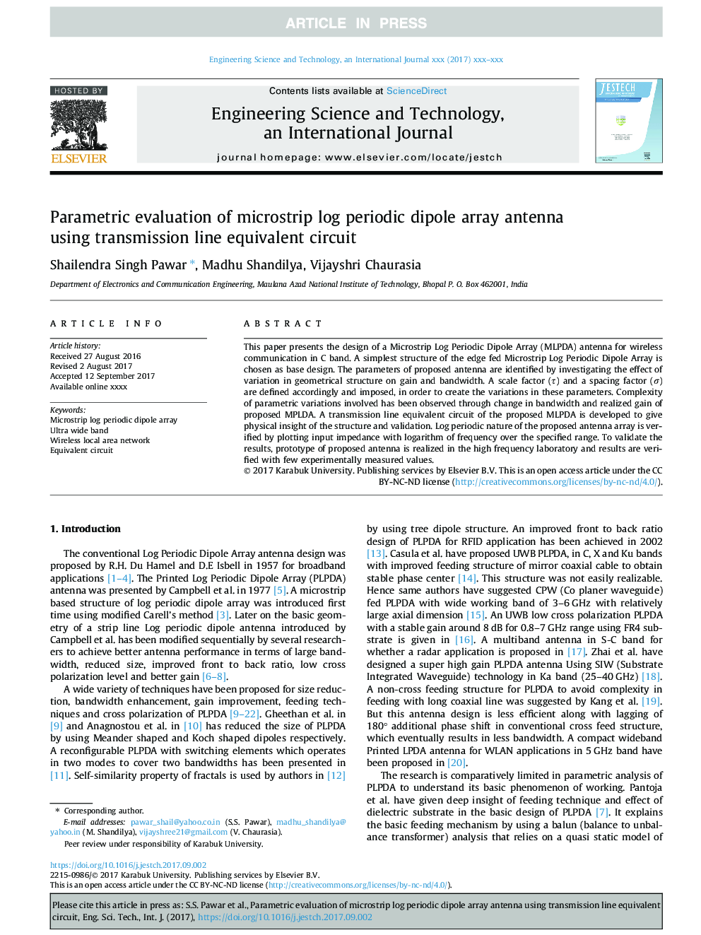 Parametric evaluation of microstrip log periodic dipole array antenna using transmission line equivalent circuit