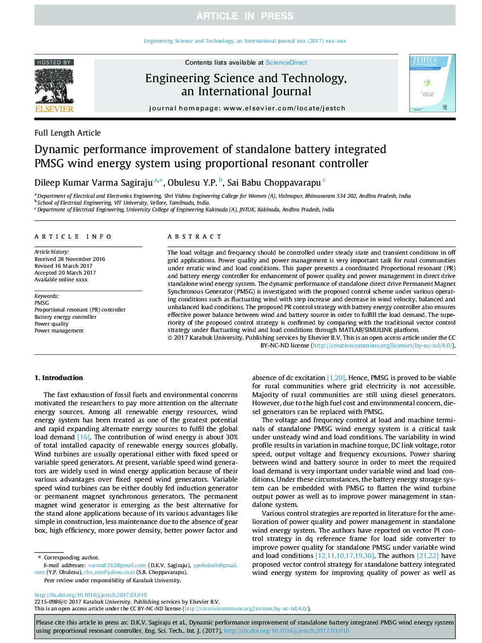 Dynamic performance improvement of standalone battery integrated PMSG wind energy system using proportional resonant controller