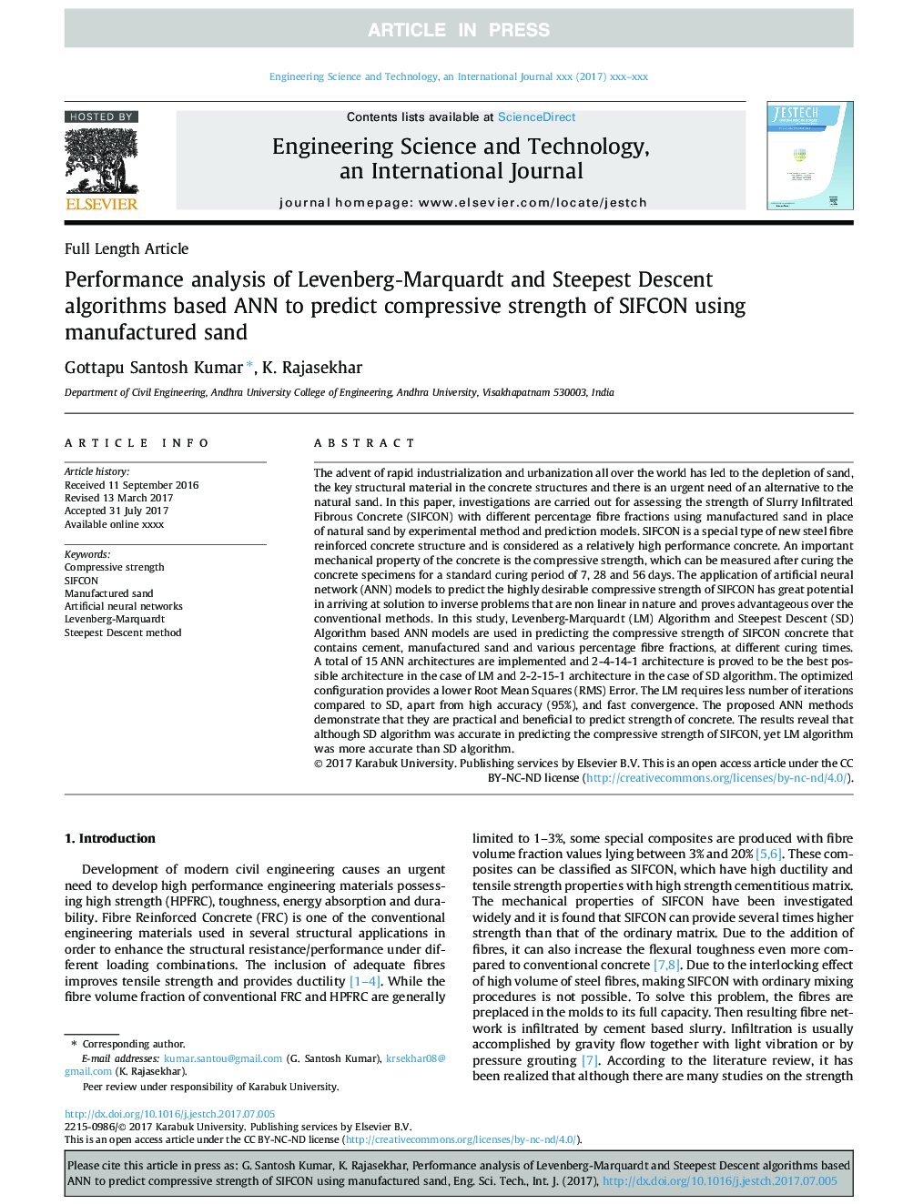 Performance analysis of Levenberg-Marquardt and Steepest Descent algorithms based ANN to predict compressive strength of SIFCON using manufactured sand