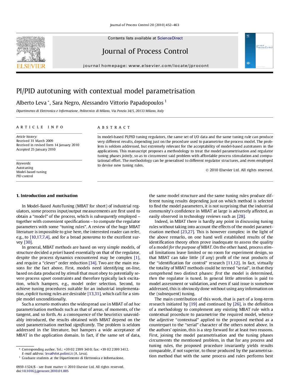 PI/PID autotuning with contextual model parametrisation