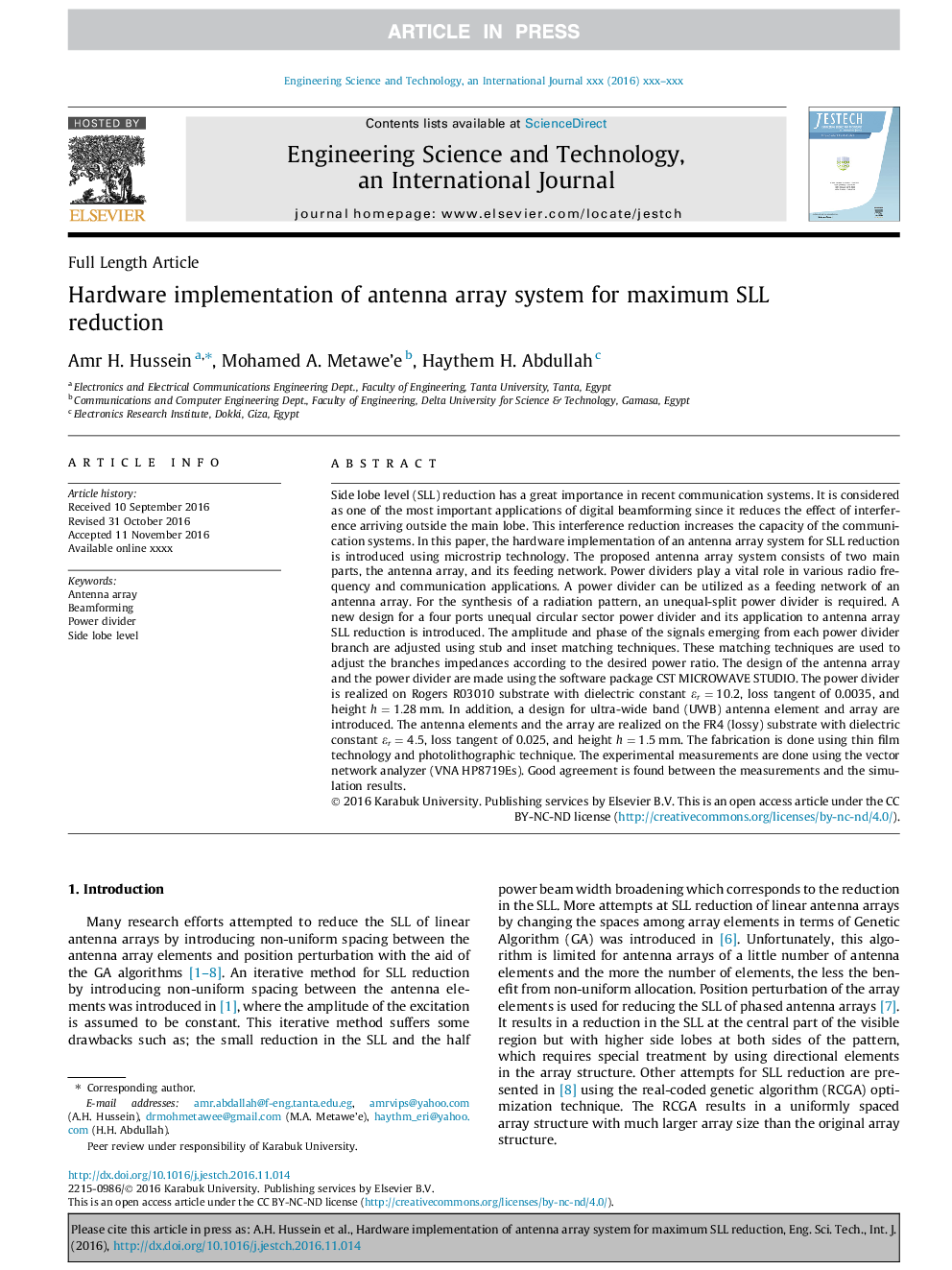 Hardware implementation of antenna array system for maximum SLL reduction