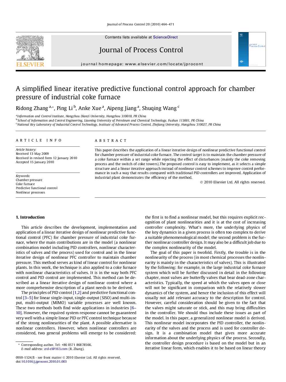 A simplified linear iterative predictive functional control approach for chamber pressure of industrial coke furnace