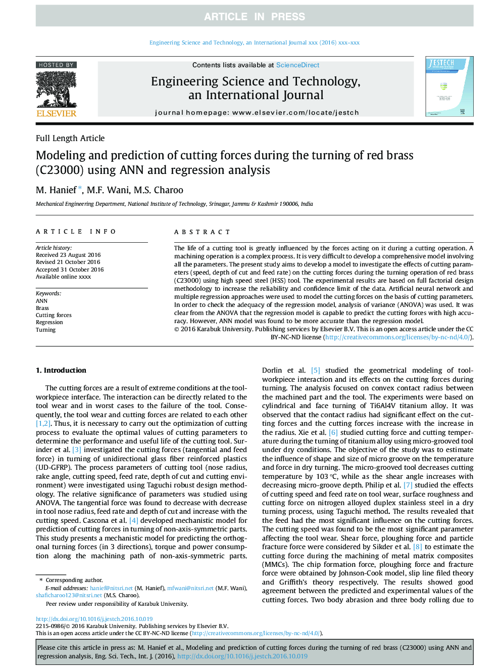 Modeling and prediction of cutting forces during the turning of red brass (C23000) using ANN and regression analysis