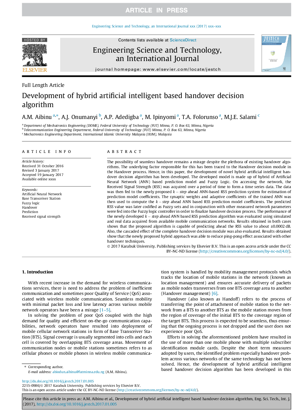 Development of hybrid artificial intelligent based handover decision algorithm