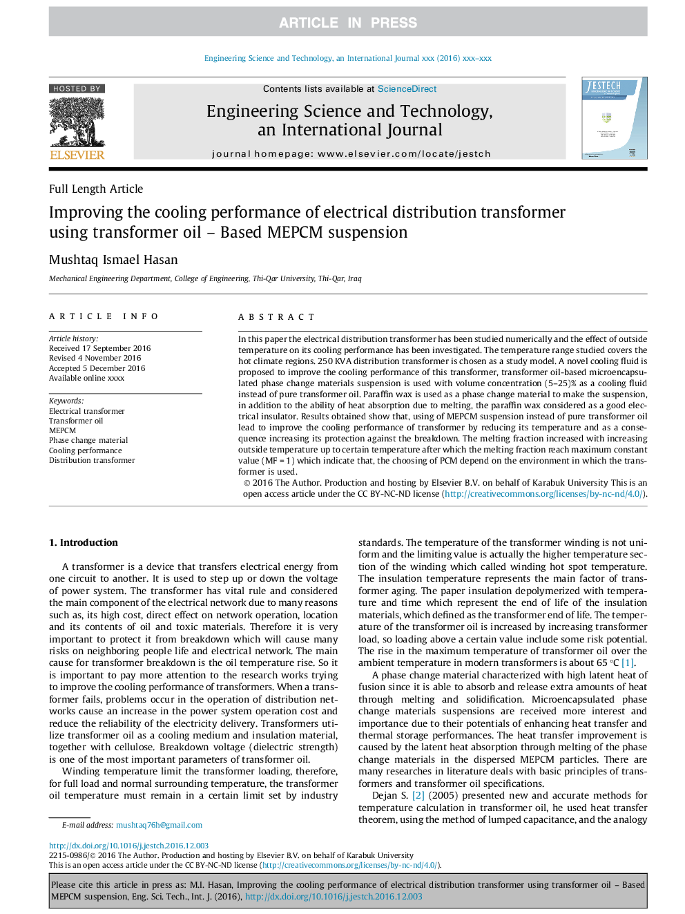 Improving the cooling performance of electrical distribution transformer using transformer oil - Based MEPCM suspension