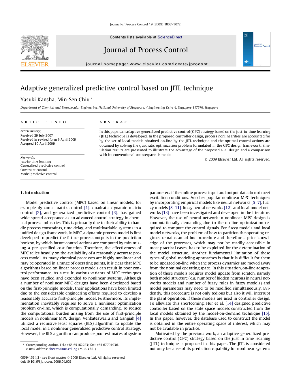 Adaptive generalized predictive control based on JITL technique