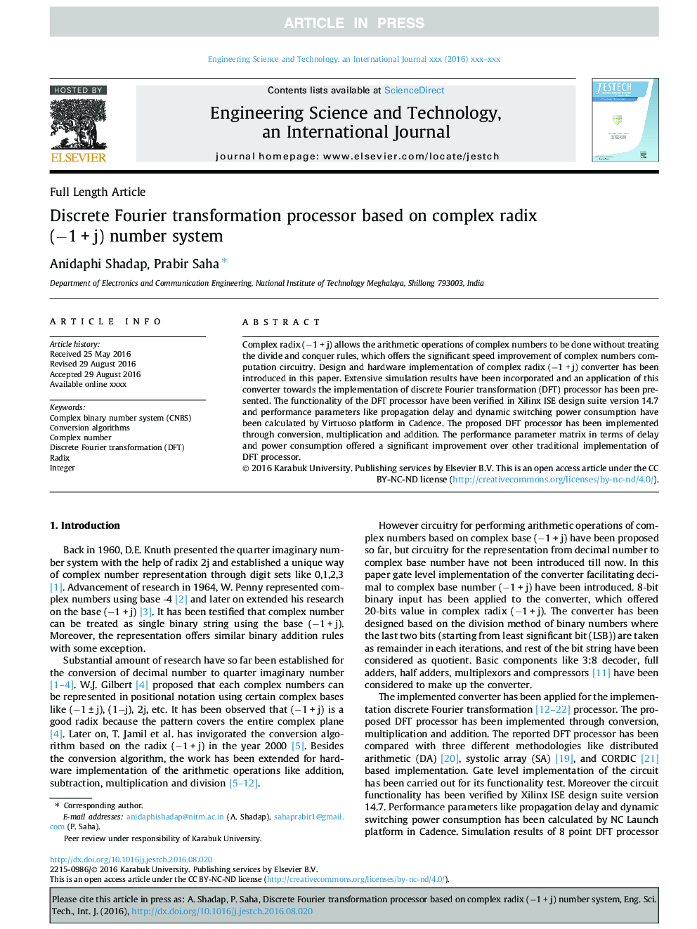 Discrete Fourier transformation processor based on complex radix (â1Â +Â j) number system