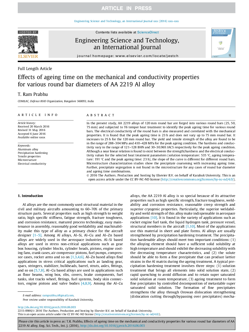 Effects of ageing time on the mechanical and conductivity properties for various round bar diameters of AA 2219 Al alloy