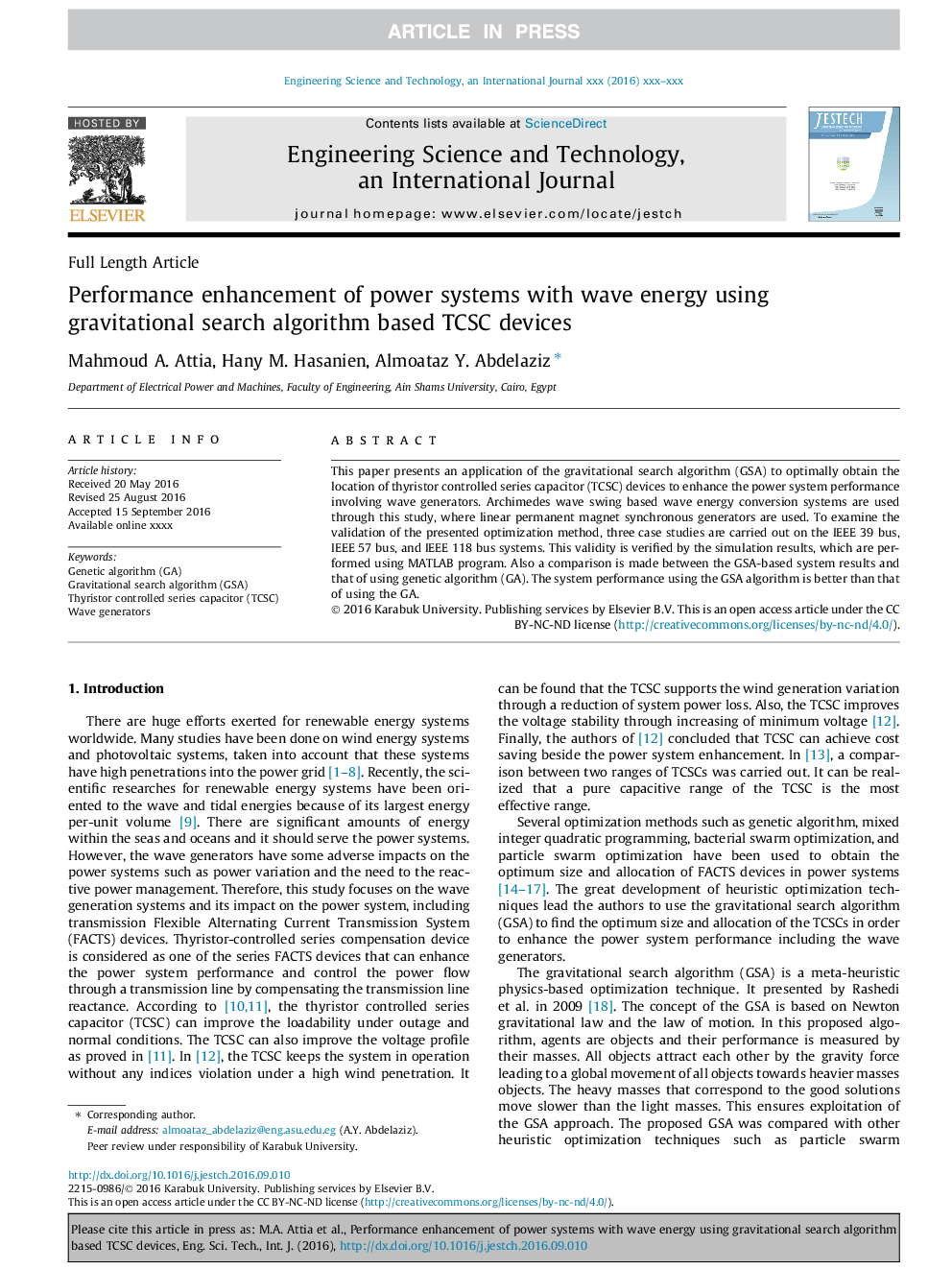 Performance enhancement of power systems with wave energy using gravitational search algorithm based TCSC devices