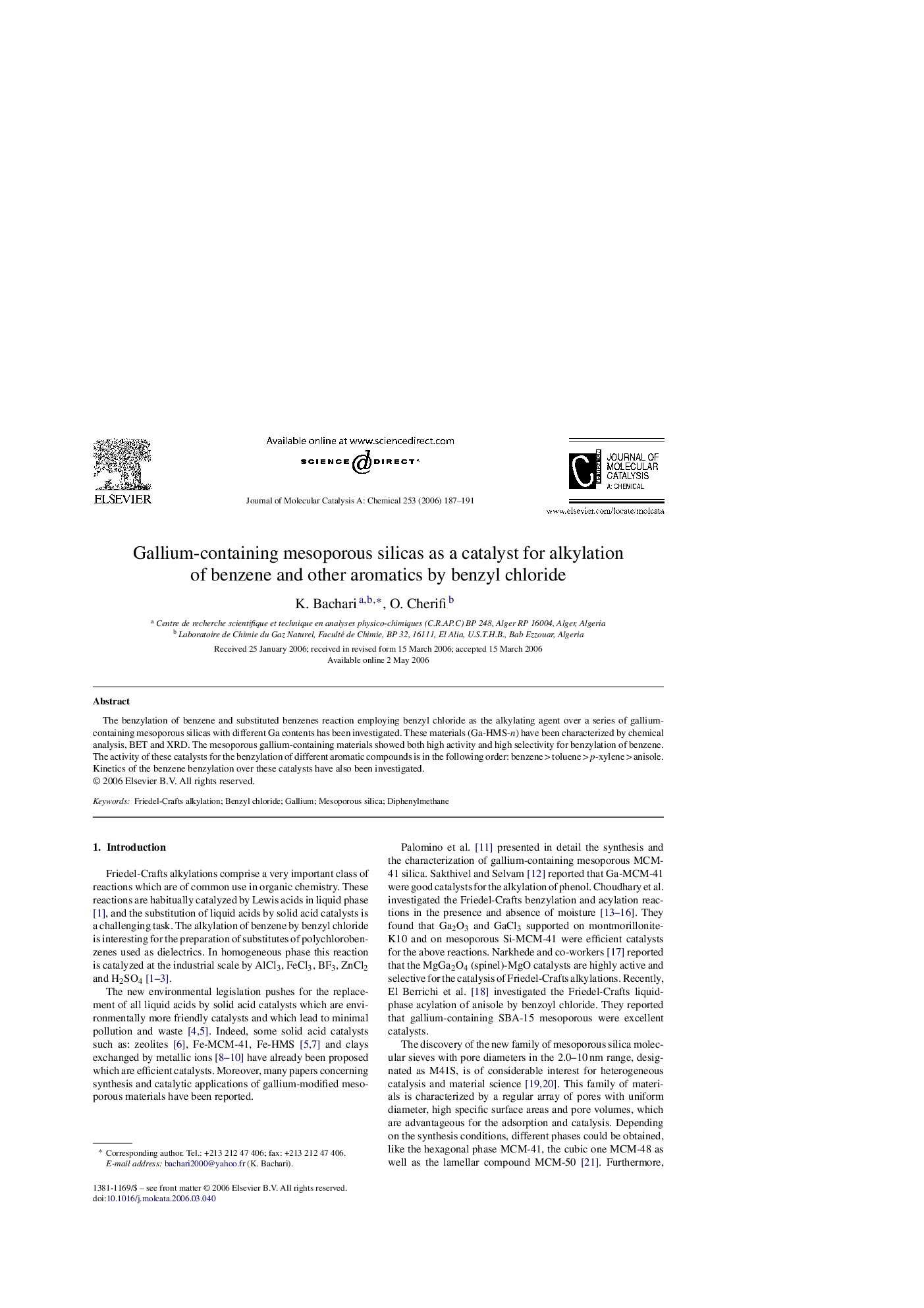 Gallium-containing mesoporous silicas as a catalyst for alkylation of benzene and other aromatics by benzyl chloride