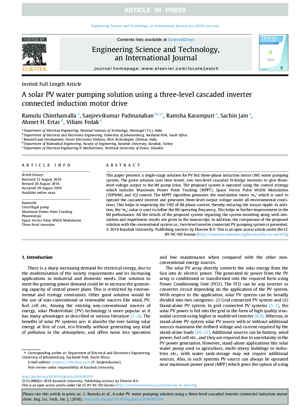 A solar PV water pumping solution using a three-level cascaded inverter connected induction motor drive