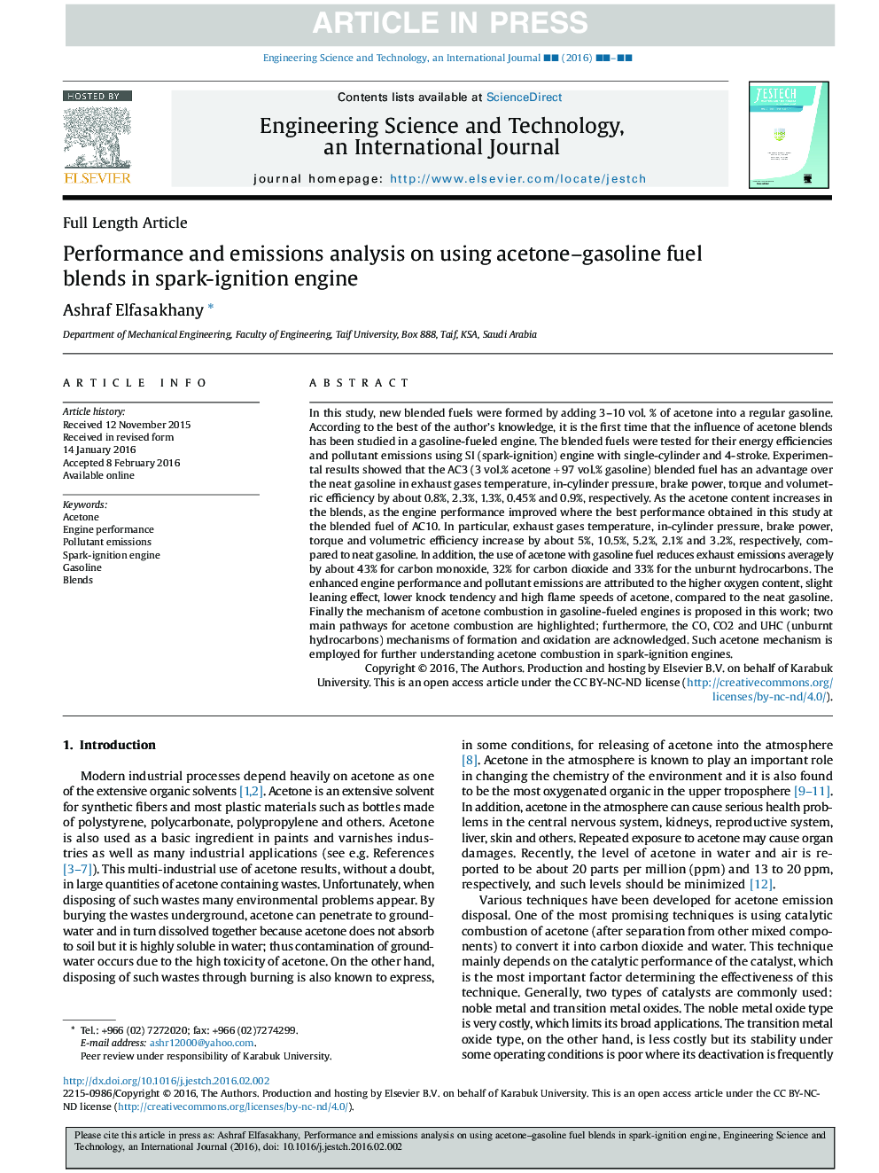 Performance and emissions analysis on using acetone-gasoline fuel blends in spark-ignition engine